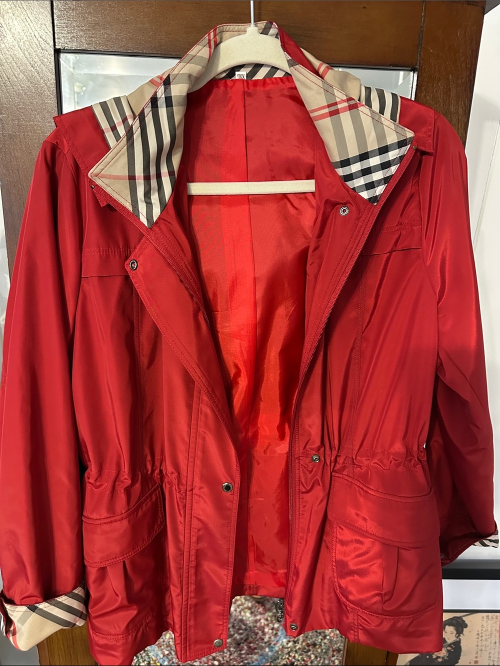 Super classy Red Women's Utility Jacket with Signature Check Trim